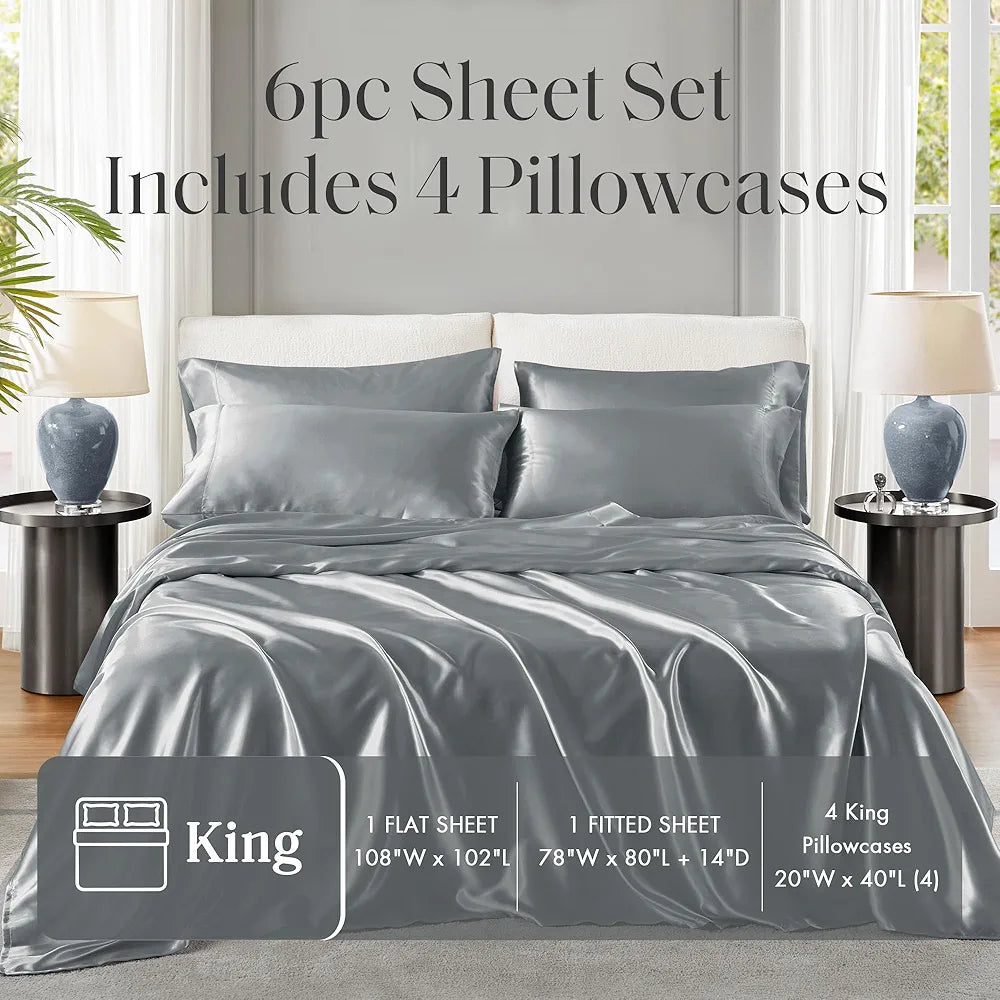 Madison Park Essentials Satin Sheet Set Luxury and Silky with Natural Sheen, Premium 16" Deep Pocket, All Around Elastic - Year-Round Bedding, King, Grey, 6 Piece