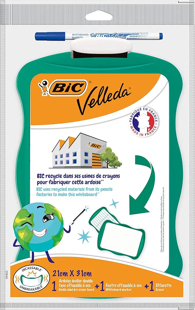 BIC Velleda Ardoise Ecolier Double Face (19 x 26 cm) Effaçable à Sec avec Feutre Bleu Effaçable à Sec et Effacette - Turquoise, Lot de 1