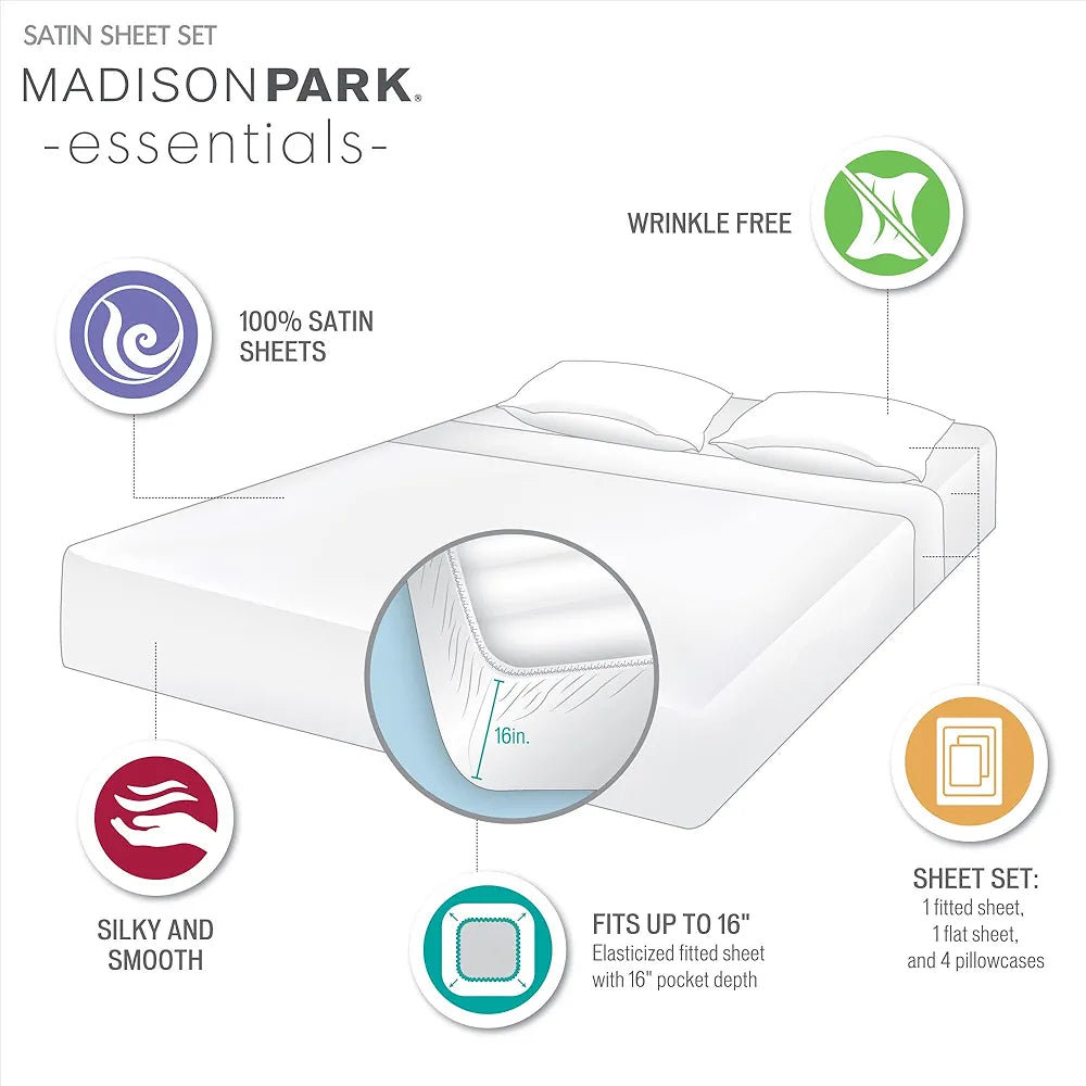 Madison Park Essentials Satin Sheet Set Luxury and Silky with Natural Sheen, Premium 16" Deep Pocket, All Around Elastic - Year-Round Bedding, King, Grey, 6 Piece