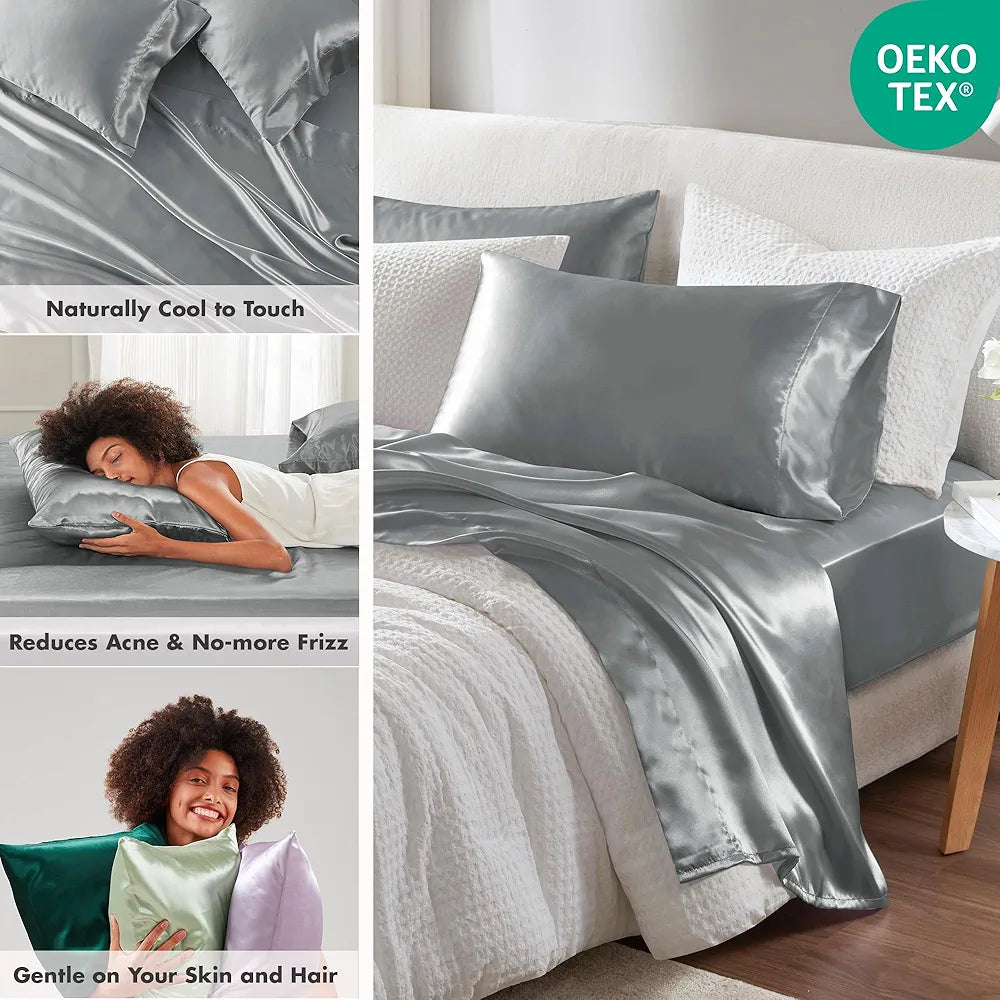 Madison Park Essentials Satin Sheet Set Luxury and Silky with Natural Sheen, Premium 16" Deep Pocket, All Around Elastic - Year-Round Bedding, King, Grey, 6 Piece