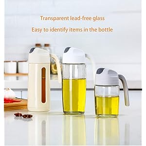 Baomasir Oil Dispenser, Automatic-Flip Olive Oil Glass Bottle, Leak-Proof Spice Container with Automatic Lid