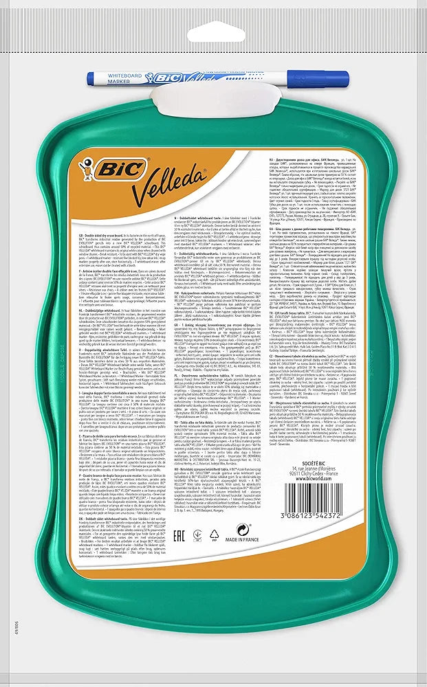 BIC Velleda Ardoise Ecolier Double Face (19 x 26 cm) Effaçable à Sec avec Feutre Bleu Effaçable à Sec et Effacette - Turquoise, Lot de 1
