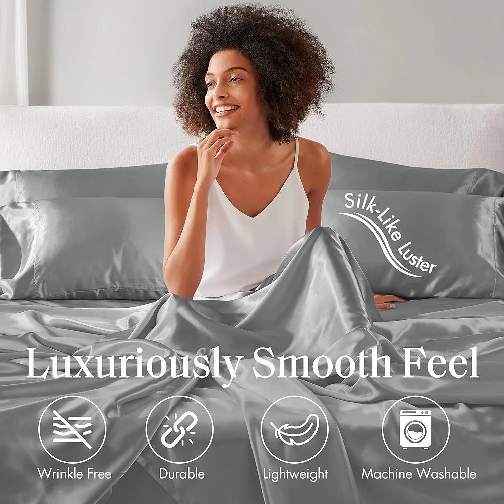 Madison Park Essentials Satin Sheet Set Luxury and Silky with Natural Sheen, Premium 16" Deep Pocket, All Around Elastic - Year-Round Bedding, King, Grey, 6 Piece