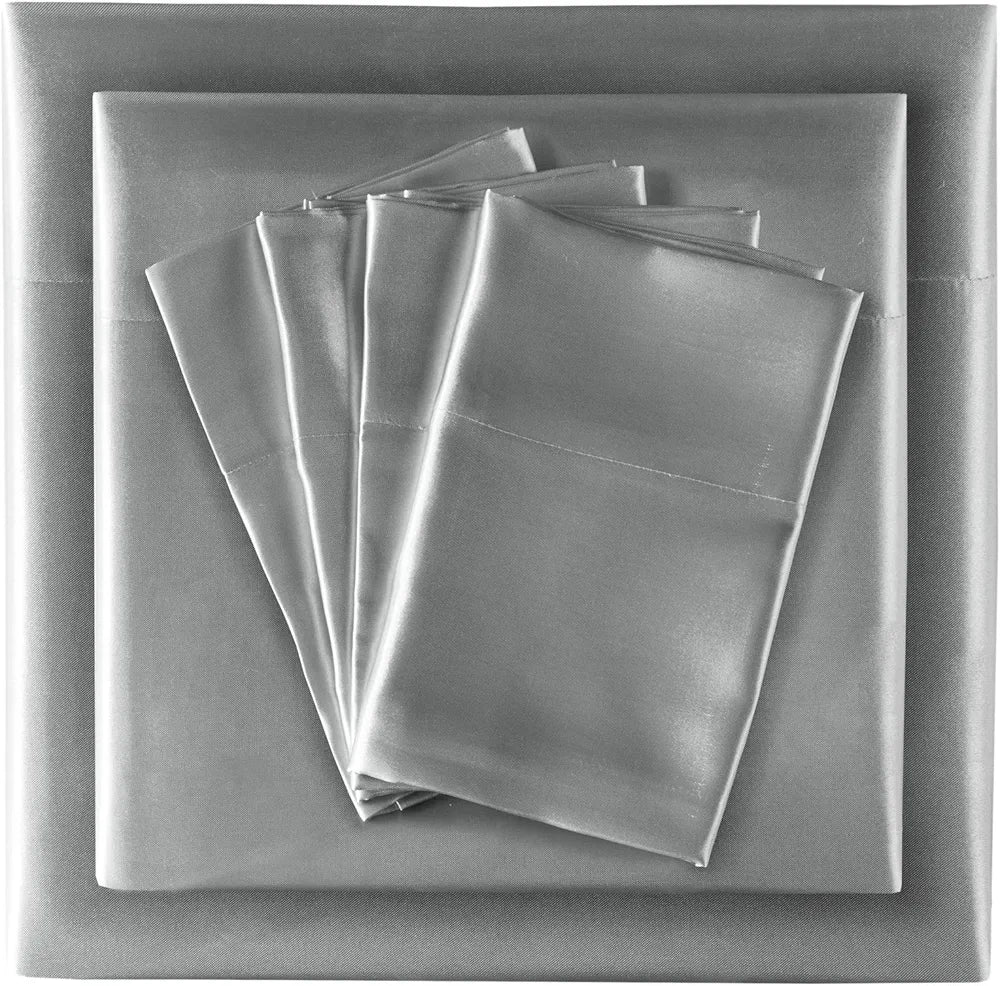 Madison Park Essentials Satin Sheet Set Luxury and Silky with Natural Sheen, Premium 16" Deep Pocket, All Around Elastic - Year-Round Bedding, King, Grey, 6 Piece
