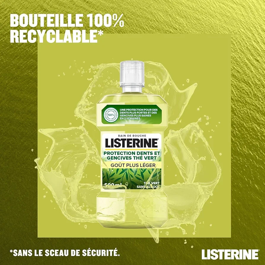 ListerineListerine | Bain de Bouche Fraîcheur Thé Vert Goût Plus Léger (bouteille de 500 ml) – Soin bucco-dentaire quotidien sans alcool – Bain de bouche pour une haleine fraîche durable