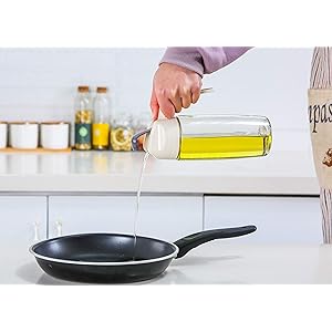 Baomasir Oil Dispenser, Automatic-Flip Olive Oil Glass Bottle, Leak-Proof Spice Container with Automatic Lid