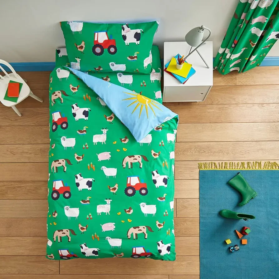 Catherine Lansfield Farm Animals Blue Single Duvet Cover & Pillowcase Bedding Set