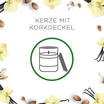Air Wick Candela profumata in vetro – Profumo: fiori di vaniglia e mandorla fine – Con coperchio in sughero per una freschezza duratura – 1 candela profumata bianc