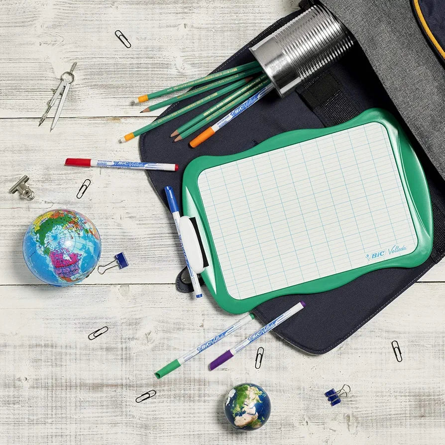 BIC Velleda Ardoise Ecolier Double Face (19 x 26 cm) Effaçable à Sec avec Feutre Bleu Effaçable à Sec et Effacette - Turquoise, Lot de 1