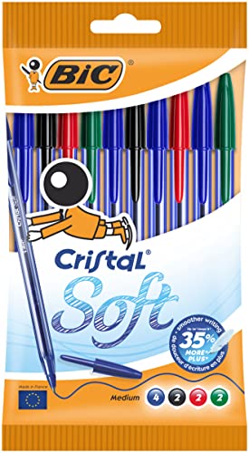 BIC Cristal Soft Stylos-Bille Pointe Moyenne (1,2 mm) - Encres Couleurs Classiques Assorties, Pochette de 10