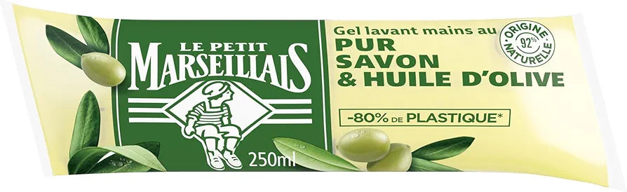 Le Petit Marseillais | Recharge Gel Lavant Mains Pur Savon & Huile d'Olive (berlingot de 250 ml) – Savon liquide avec 92 % d'ingrédients d'origine naturelle – Savons mains au pH neutre pour la peau