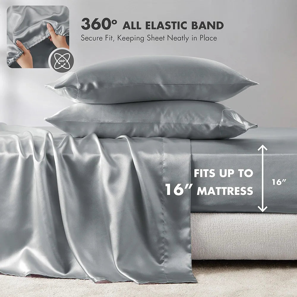 Madison Park Essentials Satin Sheet Set Luxury and Silky with Natural Sheen, Premium 16" Deep Pocket, All Around Elastic - Year-Round Bedding, King, Grey, 6 Piece