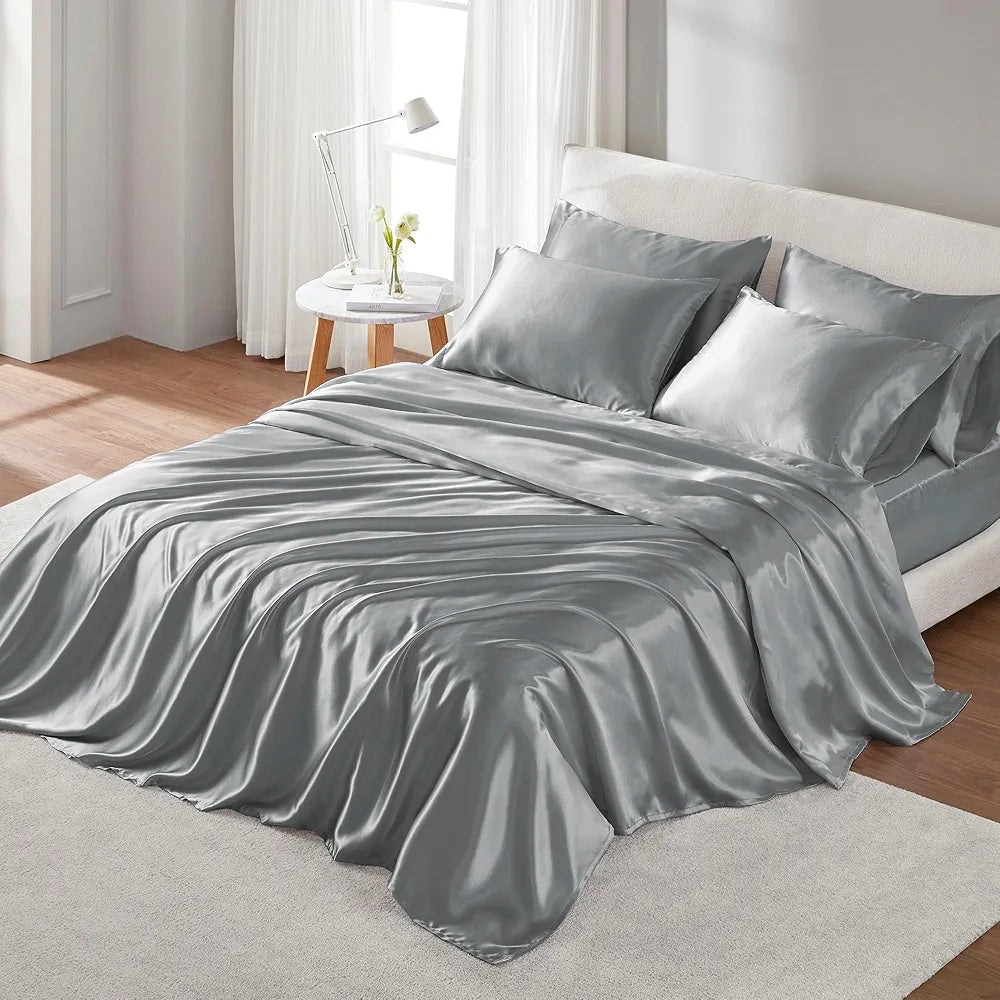 Madison Park Essentials Satin Sheet Set Luxury and Silky with Natural Sheen, Premium 16" Deep Pocket, All Around Elastic - Year-Round Bedding, King, Grey, 6 Piece