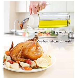 Baomasir Oil Dispenser, Automatic-Flip Olive Oil Glass Bottle, Leak-Proof Spice Container with Automatic Lid