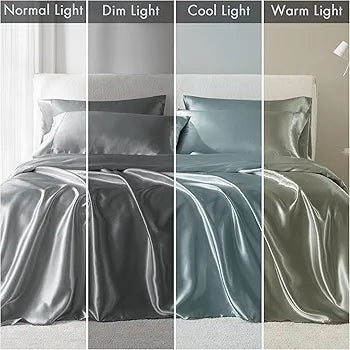 Madison Park Essentials Satin Sheet Set Luxury and Silky with Natural Sheen, Premium 16" Deep Pocket, All Around Elastic - Year-Round Bedding, King, Grey, 6 Piece