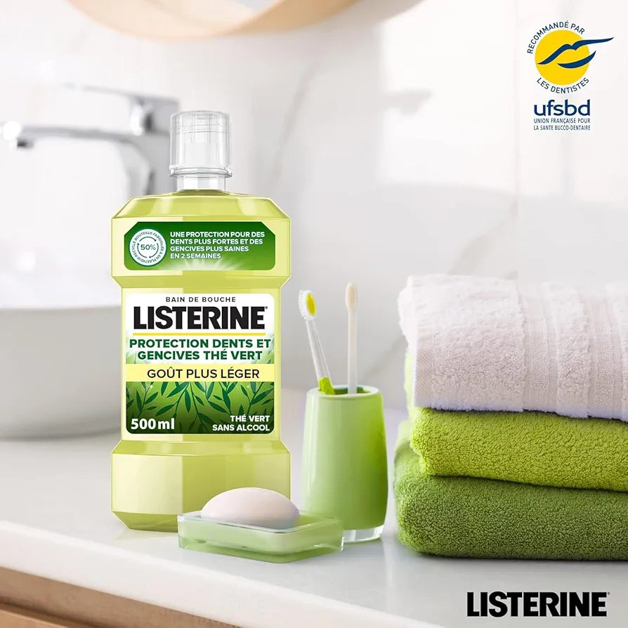 ListerineListerine | Bain de Bouche Fraîcheur Thé Vert Goût Plus Léger (bouteille de 500 ml) – Soin bucco-dentaire quotidien sans alcool – Bain de bouche pour une haleine fraîche durable