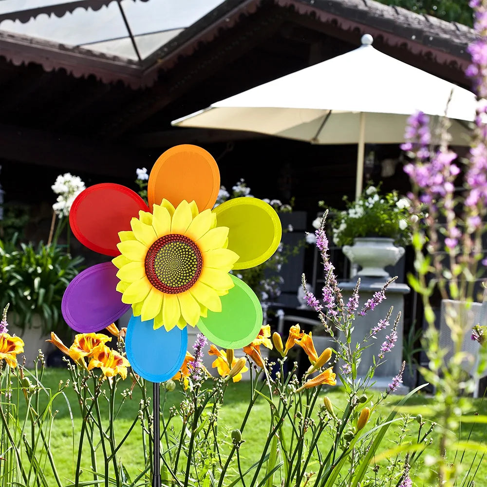 Relaxdays Set of 2 Flower Windmill Decorative Garden Stakes for Balcony, Patio & Garden, HBT 71 x 27 x 8 cm, Rainbow, Colourful