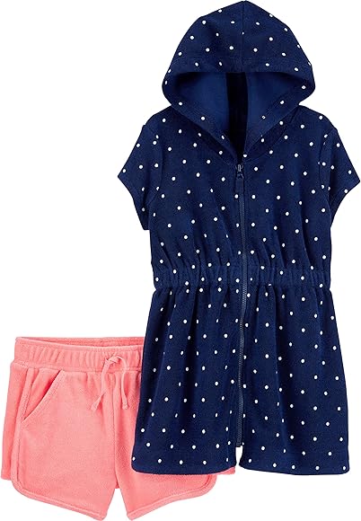 Simple Joys by Carter's Hooded Cover-up And Shorts Swimsuit Cover Up Set, Navy Blue Polka Dots/Pink, 18 Months (Pack of 2) Boy-Girls