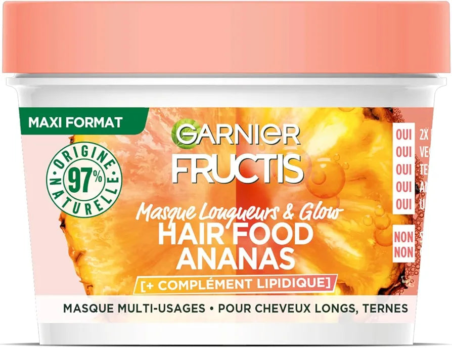 Garnier - Fructis Hair Food - 3-in-1 Pineapple Length & Glow Mask - 97% Natural Vegan Formula - For Long & Dull Hair - 390ml