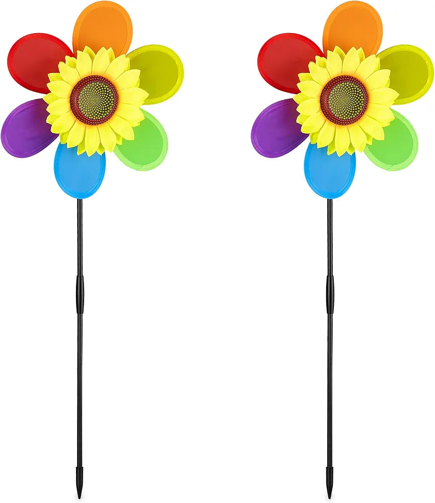 Relaxdays Set of 2 Flower Windmill Decorative Garden Stakes for Balcony, Patio & Garden, HBT 71 x 27 x 8 cm, Rainbow, Colourful