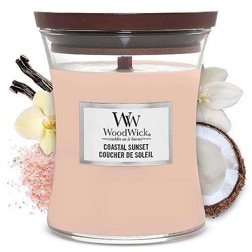 WoodWick Medium Sunset on the Beach Scented Candle in Glass with Wooden Lid, 275 g, Coastal Sunset, Medium-Sized, 9.7 x 9.5 x 11.6 cm