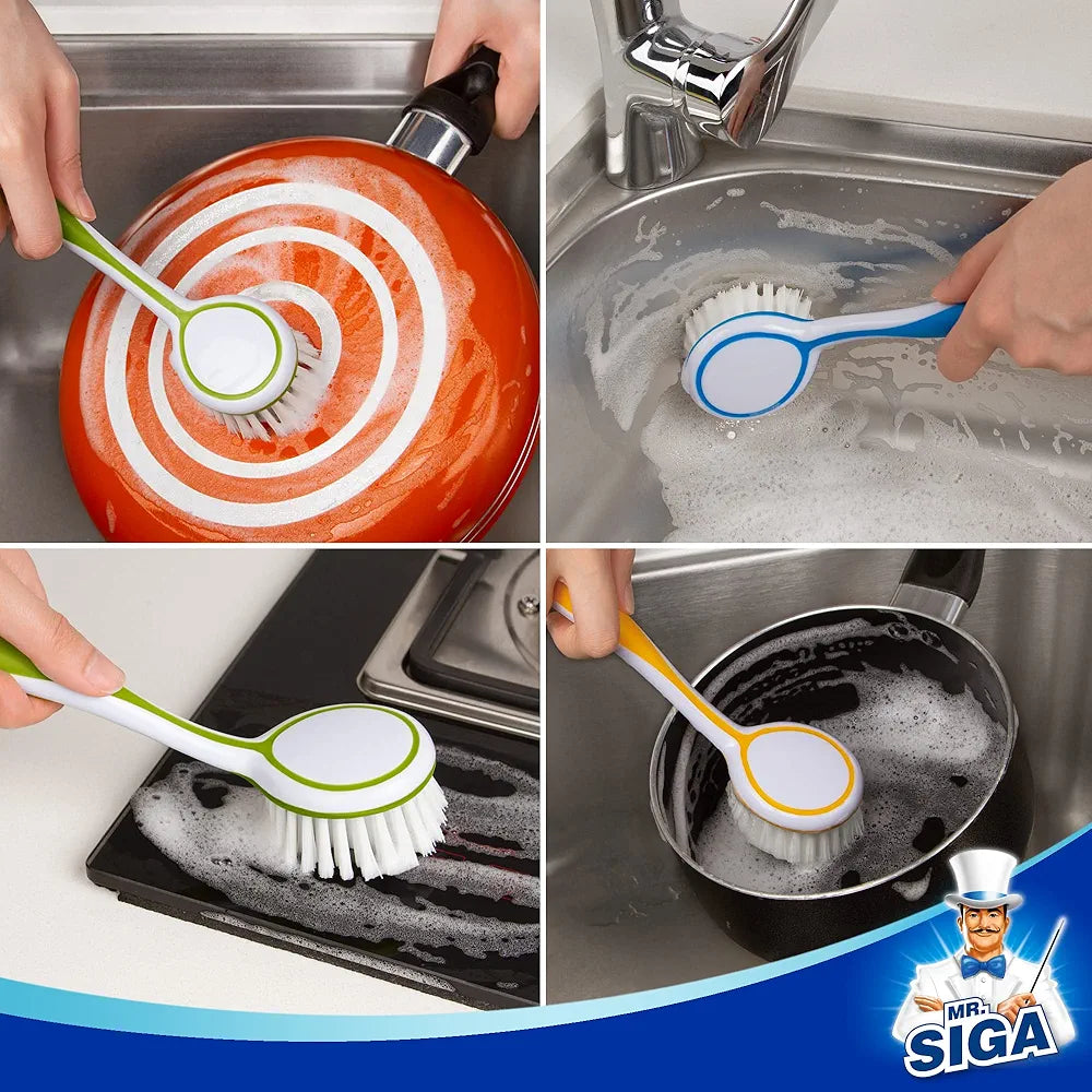 MR.SIGA Dish Brush, Round Head, Size 5.5 x 25 cm – Set of 3 Different Colours