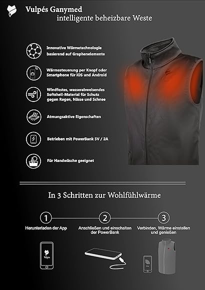 Vulpés Ganymed Intelligent Heated Vest | Controllable via Smartphone | Graphene Technology | Designed and Developed in Germany | Without Power Bank