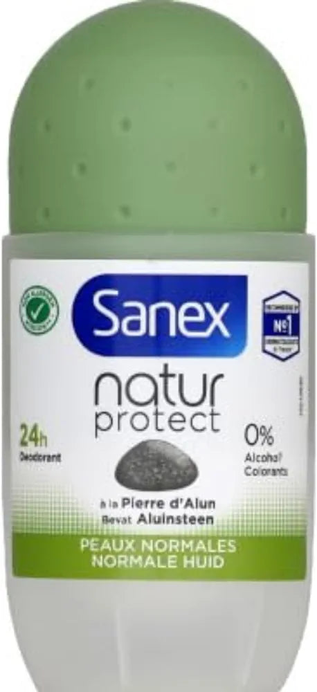 SANEX - Natural Protect Roll-On Deodorant for Normal Skin - Alum Stone Deodorant for Men and Women - 24 hour effectiveness - Alcohol-free, No Dyes - 50 ml