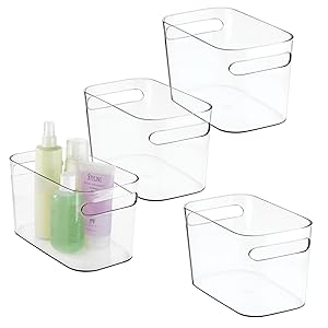 mDesign Plastic Storage Box (Pack of 4) - Storage Bin Ideal for Makeup, Perfume, Lotions etc - Storage Basket with Handles for Towel Storage - Clear