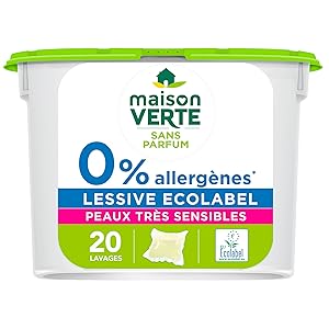 Maison Verte - Detergent - Capsules 0% Allergens - Very Sensitive Skin - Perfume Free - Ecolabel - 20 Washes