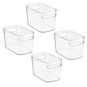 mDesign Plastic Storage Box (Pack of 4) - Storage Bin Ideal for Makeup, Perfume, Lotions etc - Storage Basket with Handles for Towel Storage - Clear