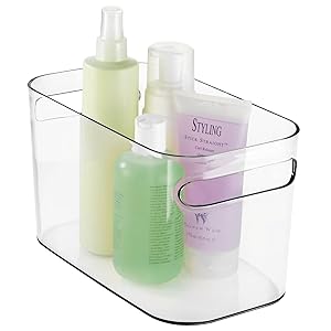 mDesign Plastic Storage Box (Pack of 4) - Storage Bin Ideal for Makeup, Perfume, Lotions etc - Storage Basket with Handles for Towel Storage - Clear