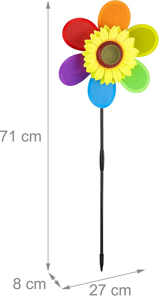 Relaxdays Set of 2 Flower Windmill Decorative Garden Stakes for Balcony, Patio & Garden, HBT 71 x 27 x 8 cm, Rainbow, Colourful