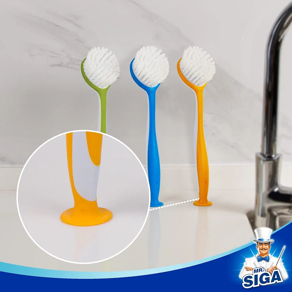 MR.SIGA Dish Brush, Round Head, Size 5.5 x 25 cm – Set of 3 Different Colours