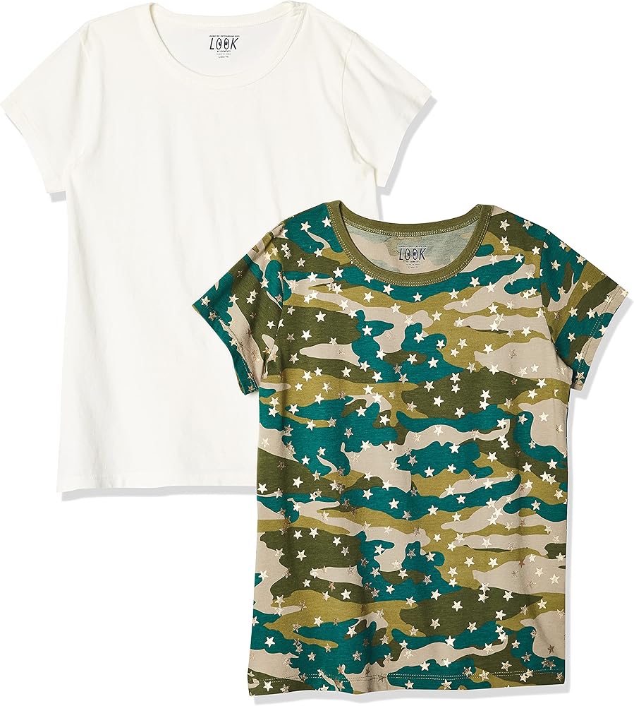 LOOK by crewcuts Girls' 2-Pack Graphic/Solid Short Sleeve T-Shirt Camo/Ivory, Small